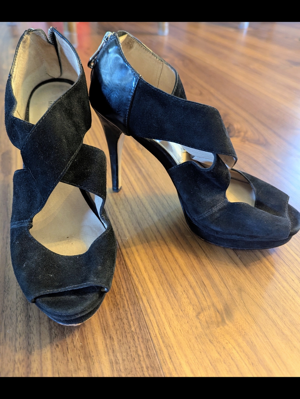 Michael Kors Black Suede Crisscross Peep-Toe Stiletto Heels - Size US 7M